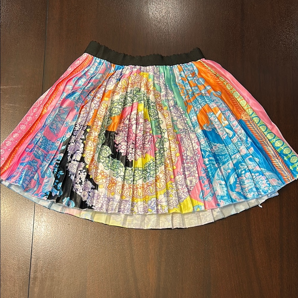 AKIRA Pink and Yellow Pleated Skater Mini Skirt